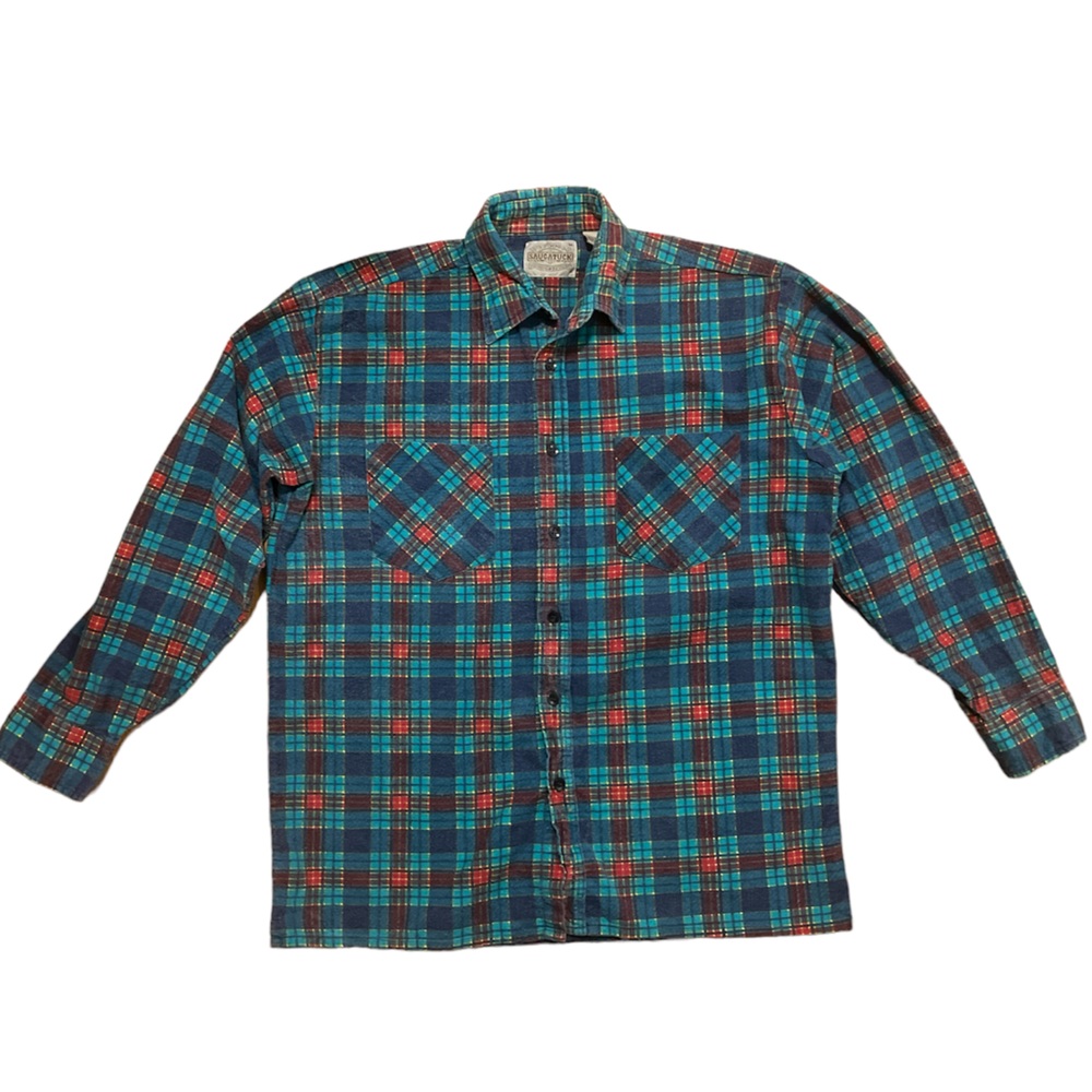 SAUGATUCK Dry Goods Mens Turquoise Blue & Red Plaid Long Sleeved Flannel Shirt M